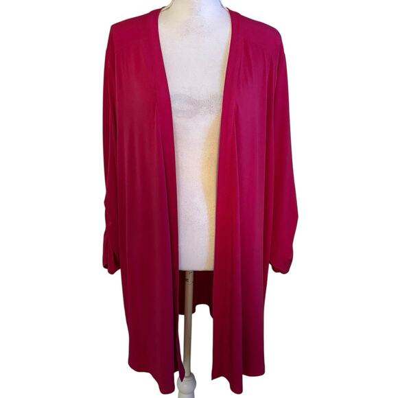 Susan Graver Plus Size 3X Liquid Knit Cardigan Dark Pink Ruched Sleeves - Picture 1 of 5